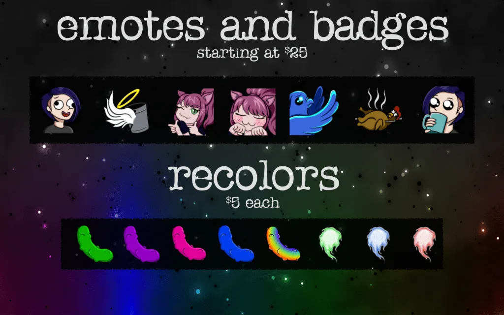 custom emotes badges Twitch YouTube streaming commissions digital art