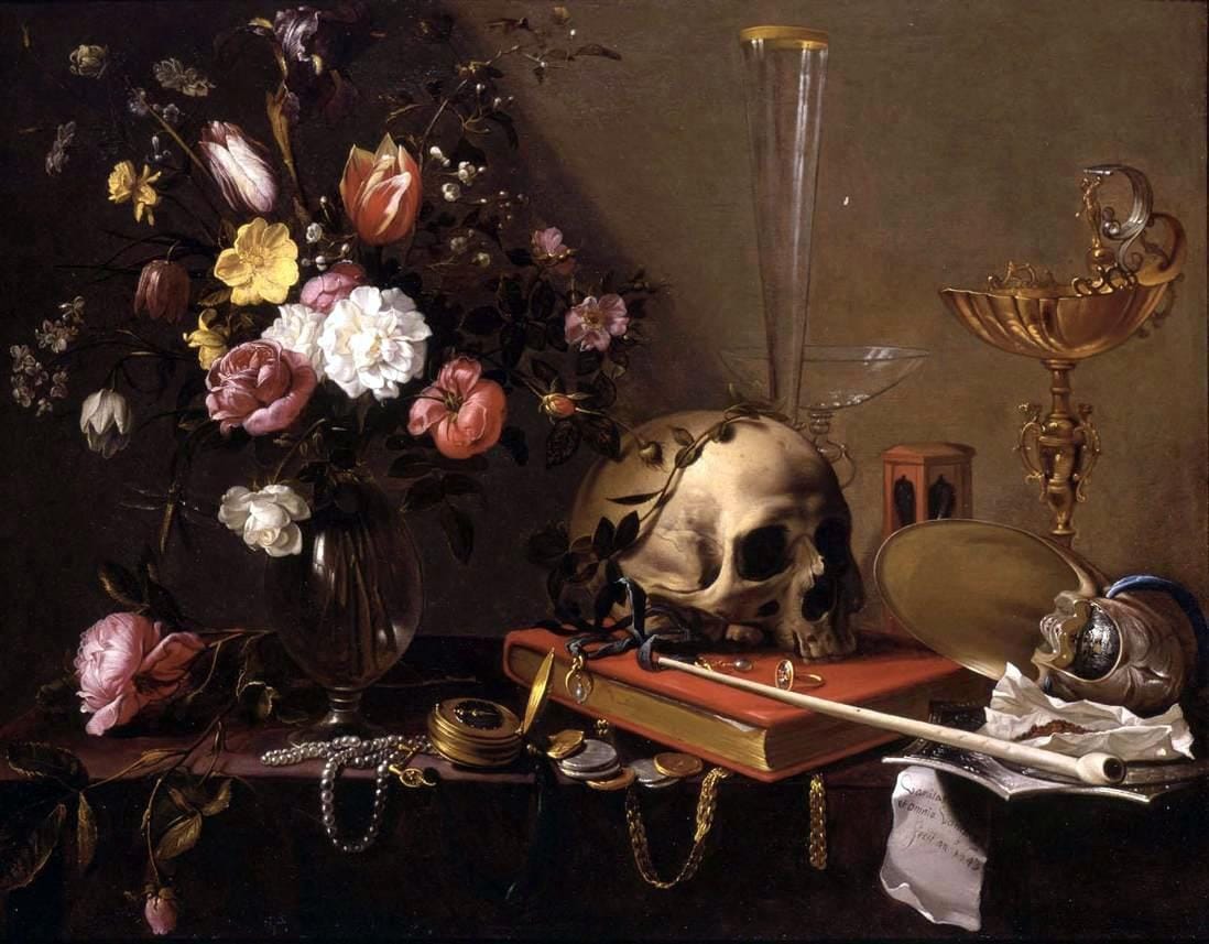 Vanitas Still Life with Bouquet and Skull by Adriaen van Utrecht. 1642