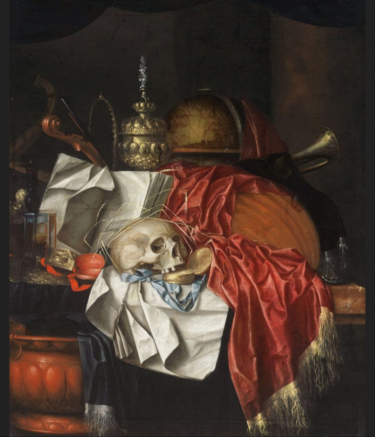 Still Life with a Skull, a Gold Pocket Watch, an Hour Glass, a Globe, Musical Instruments, Candlestick, a Gold Tazza and an Open Book on a Partially Draped Table by Franciscus Gijsbrechts. 1675.