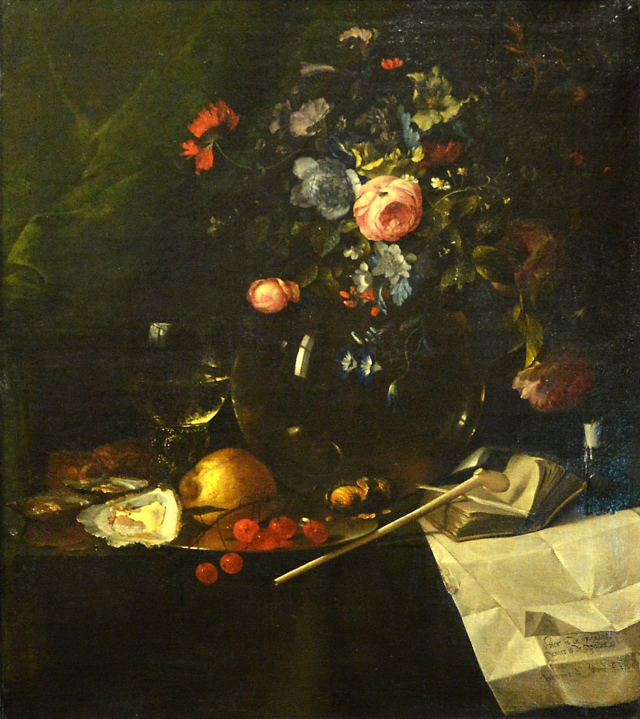 Vanitas with Bouquet of Flowers and Pipe by Jan Davidsz de Heem. 1685.