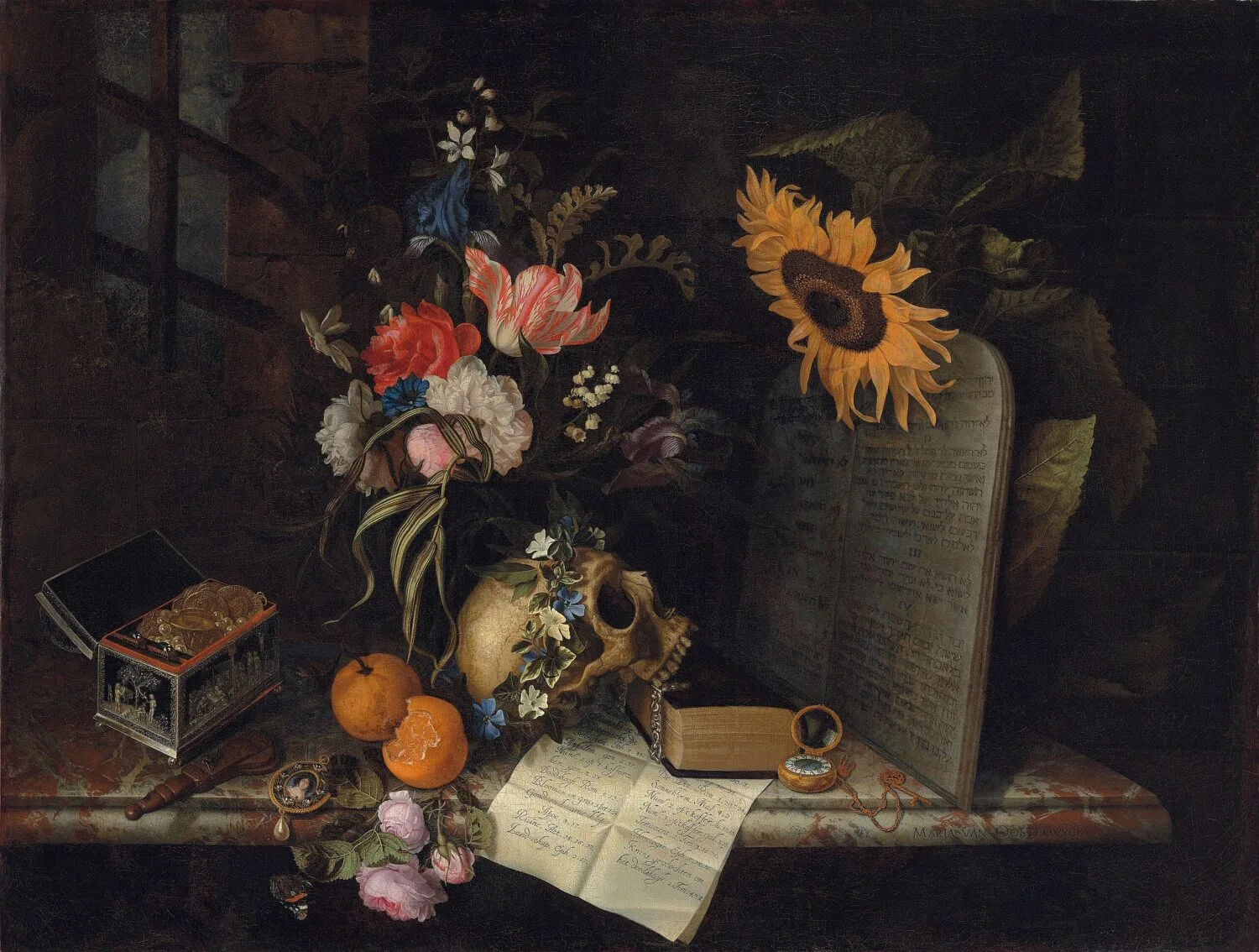 Vanitas Still Life with a Sunflower and Jewelry Box by Maria van Oosterwijck. 1675.